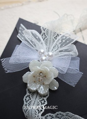 白色唯美仙气蕾丝蝴蝶结新娘伴娘姐妹团结婚礼活动手腕花手绑带