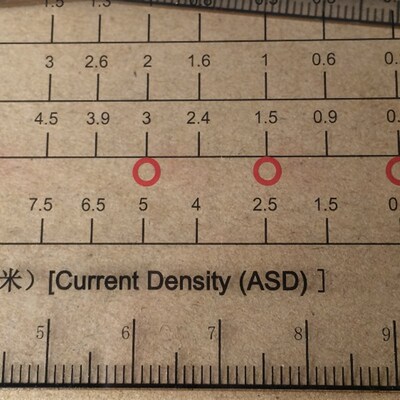 。HULL CELL CATHODE CURRENT DENSITY SCALE, ASD  SCALE