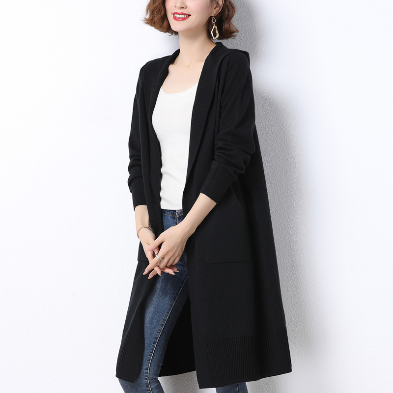 中年人连帽针织外套女中长款宽松胖妈妈春秋装加大码毛衣外搭开衫