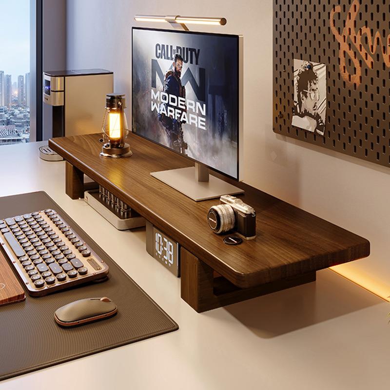 胡桃色实木显示器增高架台式电脑桌置物架办公桌面收纳垫高支架