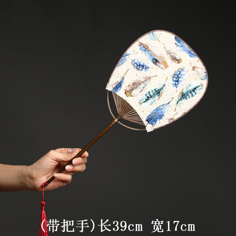 中国日式和风棉布面夏天妖美人扇子双面椭圆形古典宫团扇新款长柄