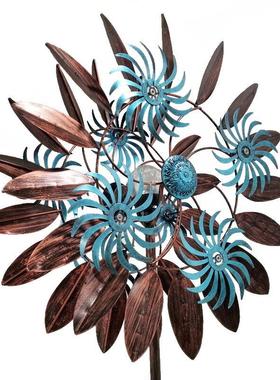 场景道具网红摆拍花园庭院别墅旋转铁艺带灯蓝色旋轮超大双面风车