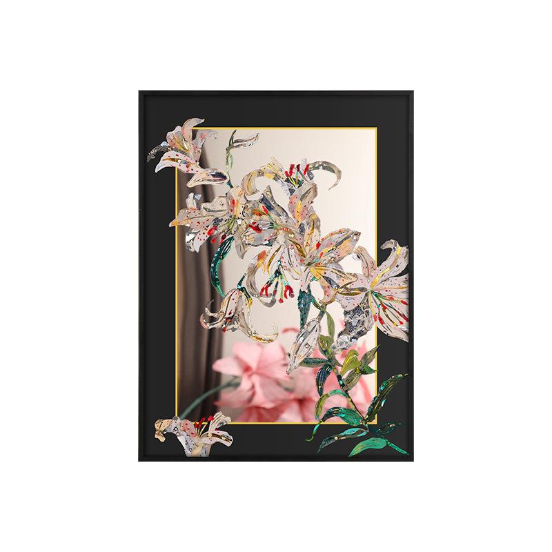 新中式百合花卉镜子画客厅装饰抽象高级感油画彩色中古玄关装饰画