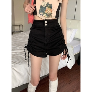 外贸清仓 女新款 辣妹牛仔短裤 胖mm显瘦抽绳绑带设计感 夏季 大码