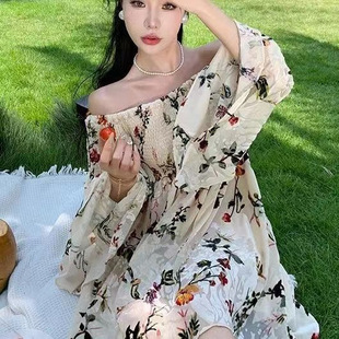 一字领连衣裙女佛罗伦萨欧美少女印花度假风 外贸清仓 夏季 新款