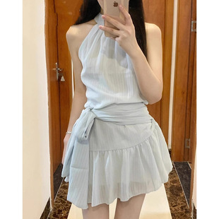 2025新款 清纯蓝色吊带挂脖连衣裙子女夏季 外贸清仓 小个子 法式