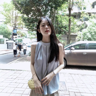 新款 女式 衬衫 上衣女挂脖法式 设计感小众辣妹无袖 商场同款 夏季
