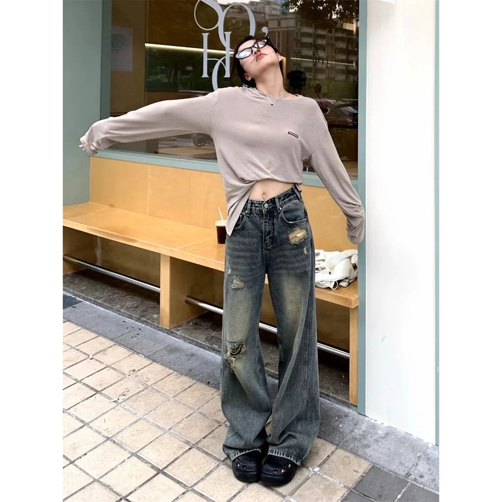 【商场同款】复古破洞直筒牛仔裤女夏小个子高腰梨形身材显瘦垂坠