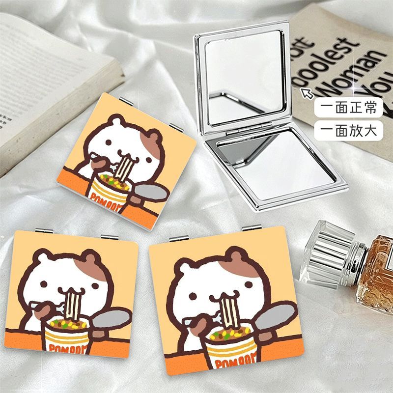 吃面小动物随身镜迷你可爱折叠双面镜子少女心便捷卡通化妆饭卡套