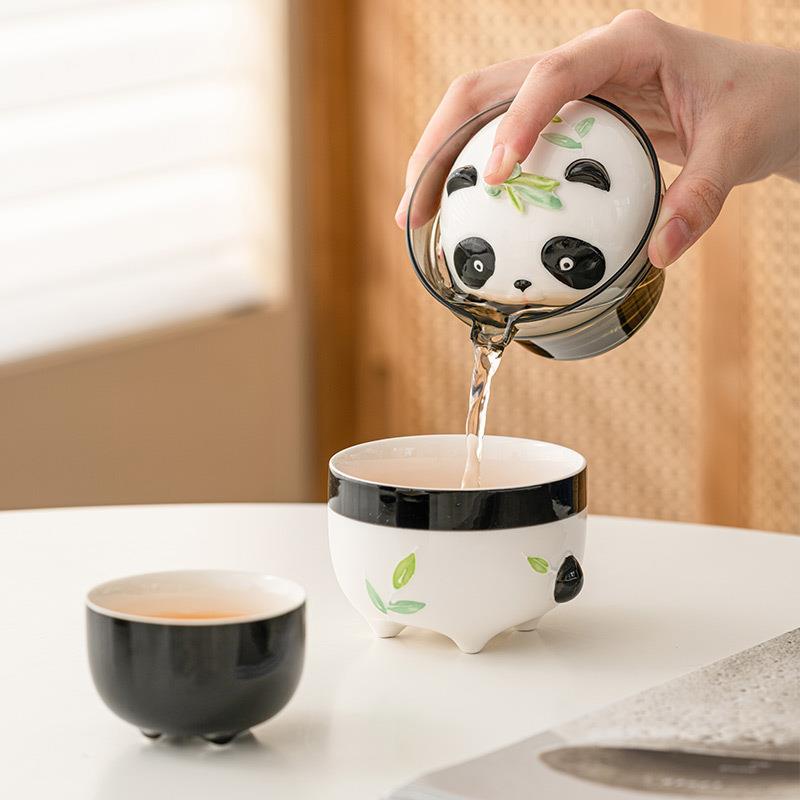 熊猫陶瓷快客杯一壶一杯户外便携随身旅行茶具套装喝茶装备收纳包