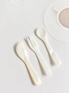 贝壳勺珍珠蚌壳粉色贝壳刀叉勺甜品搅拌勺餐具套装