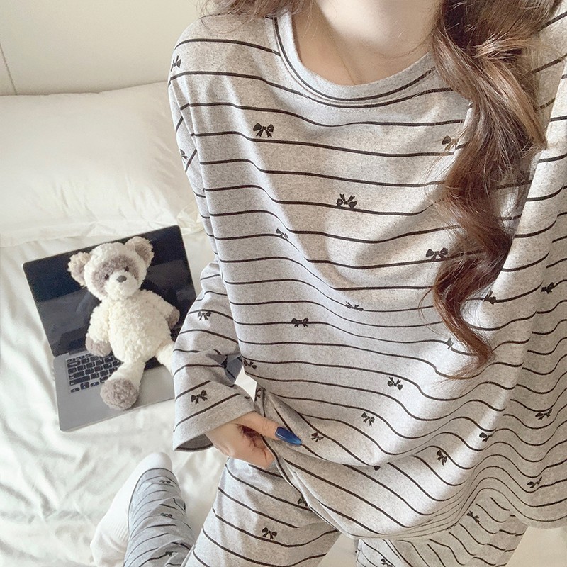 大码可爱风条纹蝴蝶结睡衣套装女