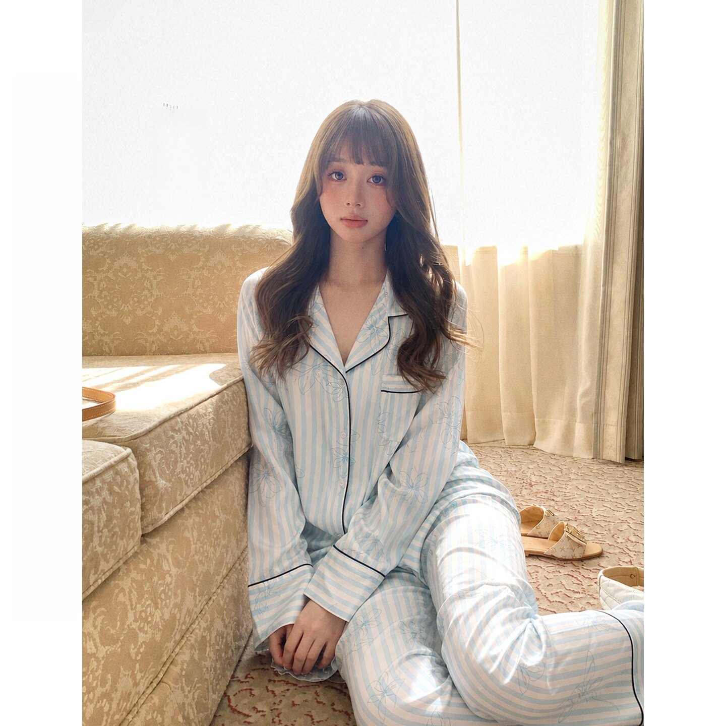 高级感花朵条纹女睡衣套装可外穿