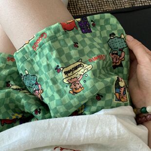 天绿色格子短裤 2026薄款 女夏季 可爱风休闲宽松卡通女孩睡裤 居家裤