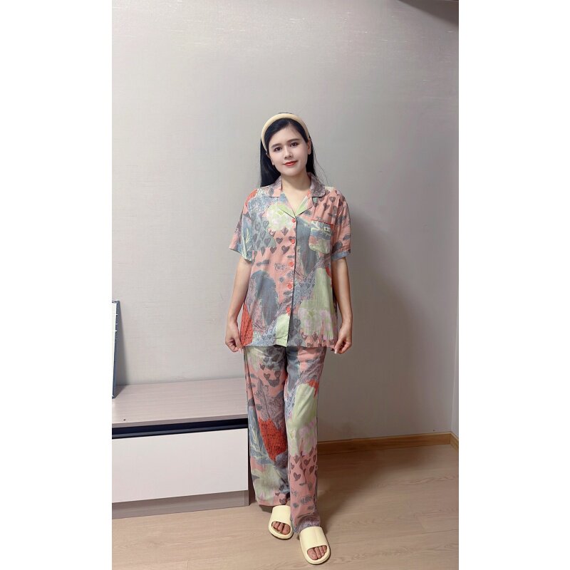 夏季印花短袖长裤宽松睡衣套装女
