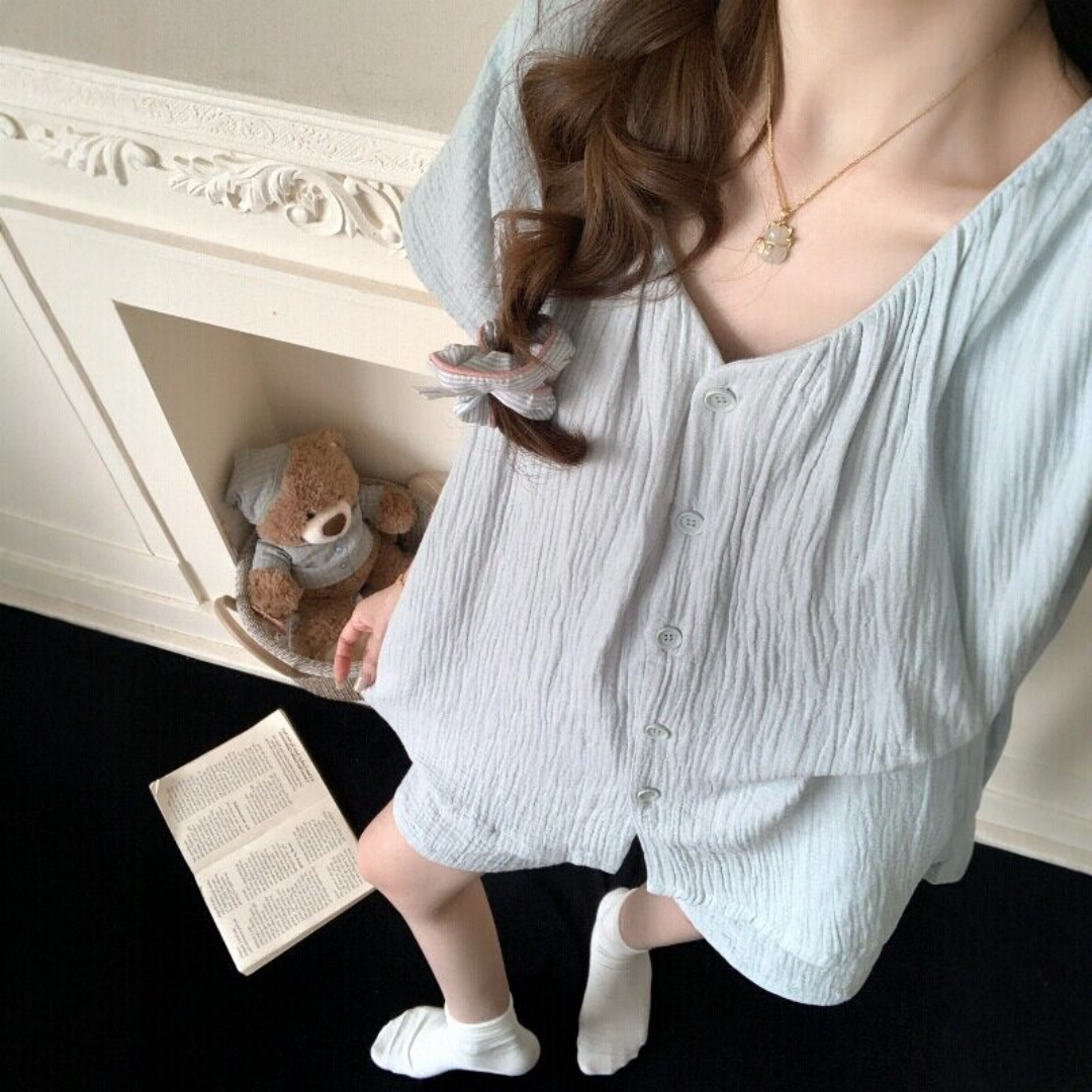 夏季女V领短袖短裤外穿睡衣套装