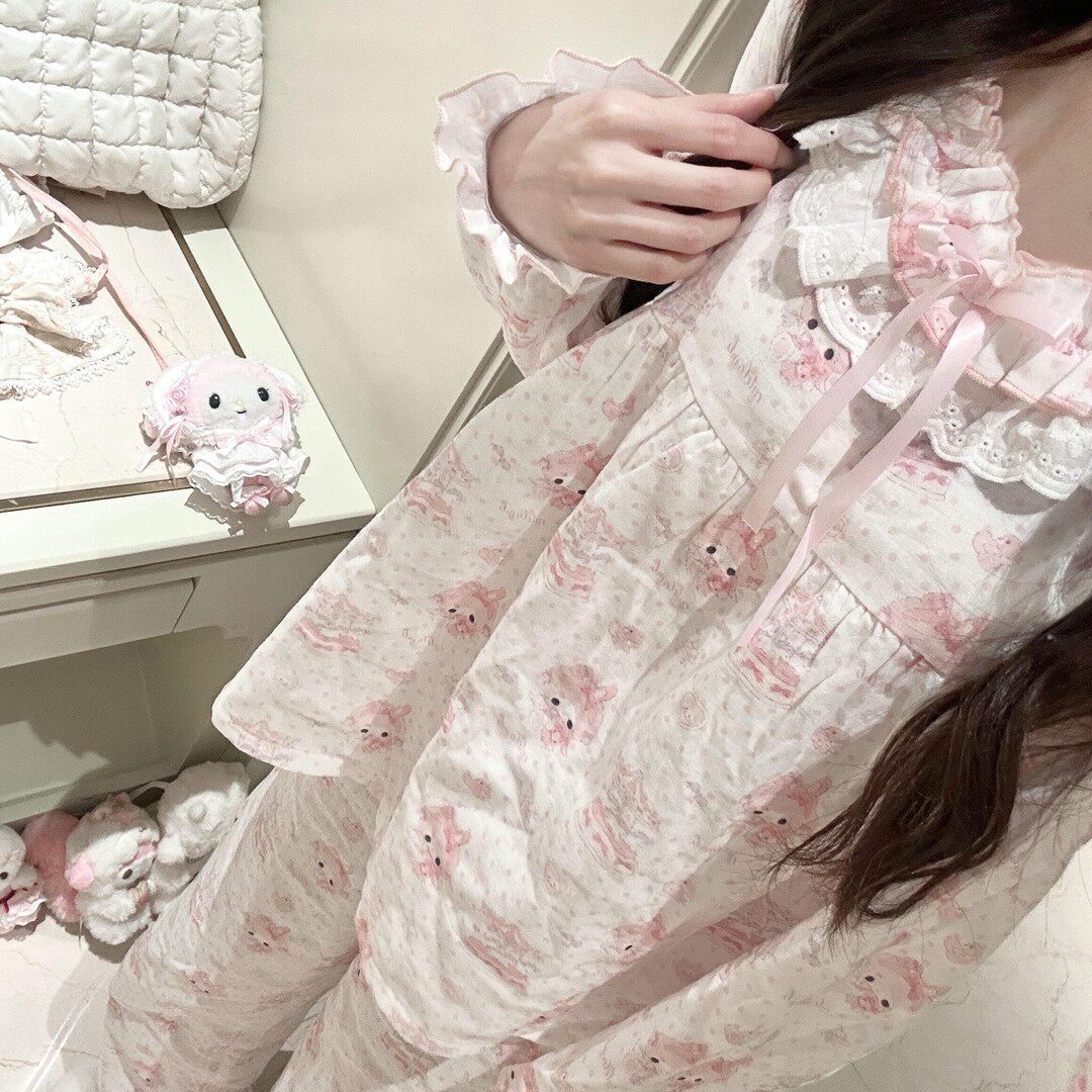 春秋甜美风蕾丝蝴蝶结睡衣套装女