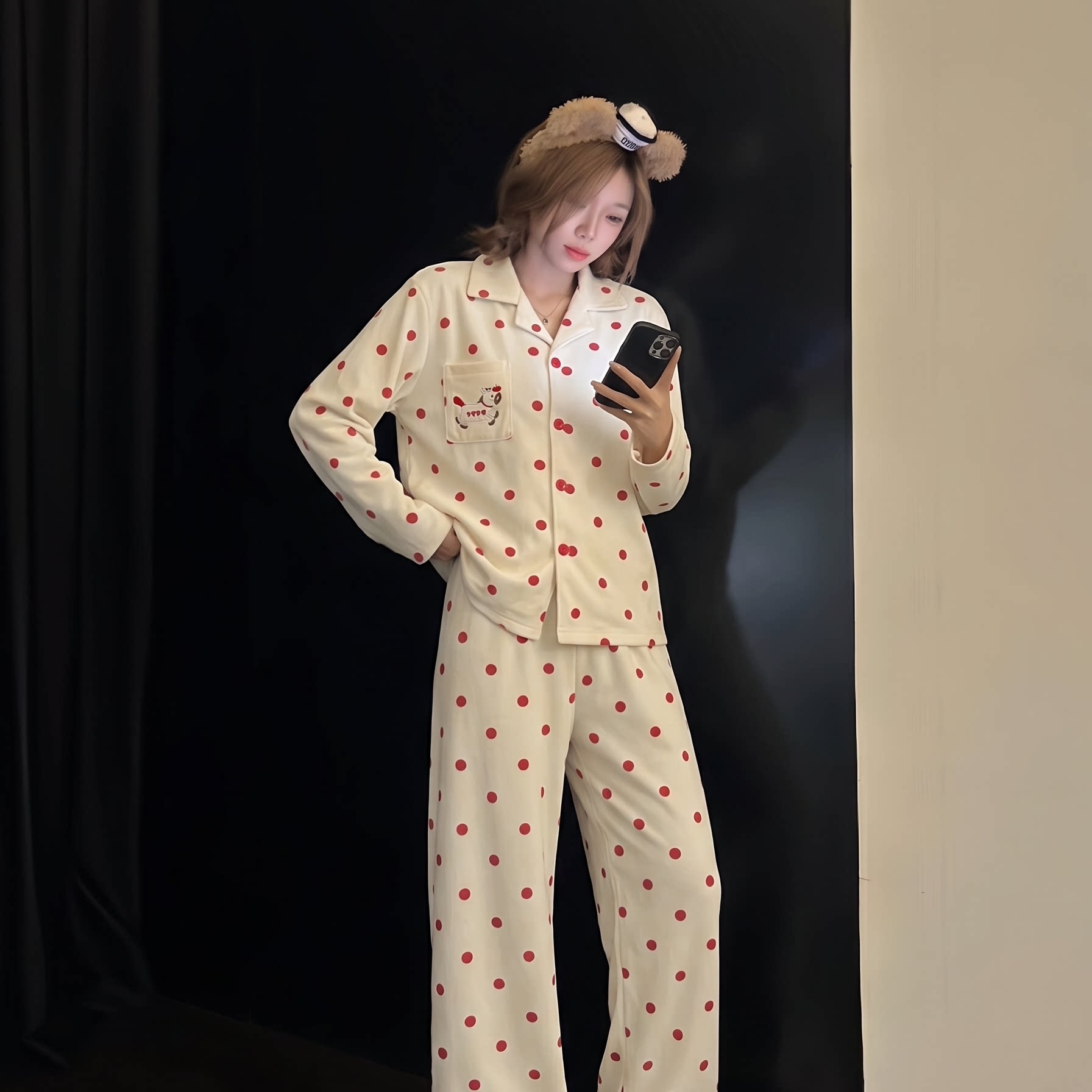 波点卡通刺绣女士德绒家居服套装