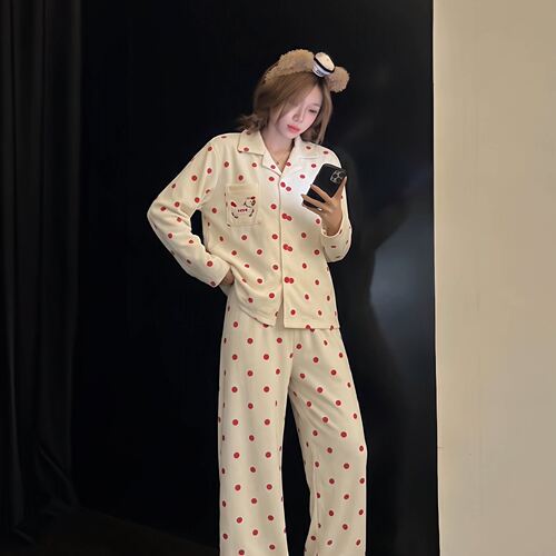 波点卡通刺绣女士德绒家居服套装