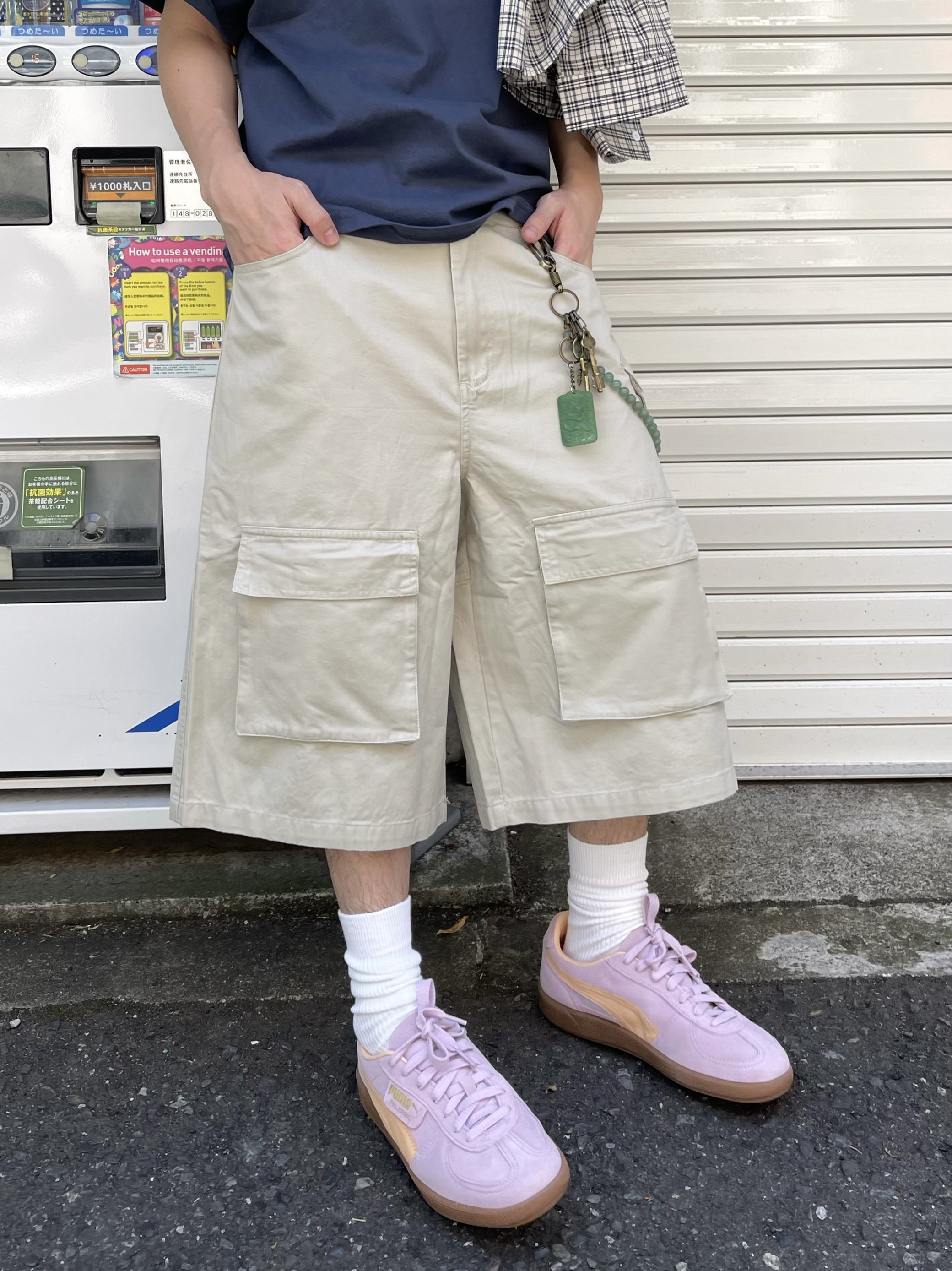 KYKY 일본 스트리트 레트로 루즈 스트레이트 캐주얼 7부 반바지 남성 여름 멀티 포켓 오버올 코튼