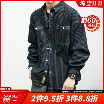 日系秋季条纹牛仔衬衫男长t袖宽松休闲翻领外套水洗工装百搭衬衣