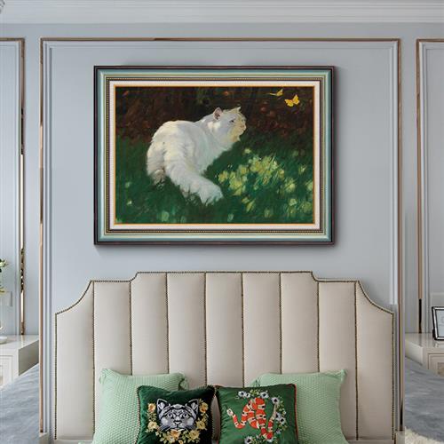 逗弄蝴蝶的猫】美式卧室挂画餐厅横幅壁画装饰画儿童房床头画油画图片