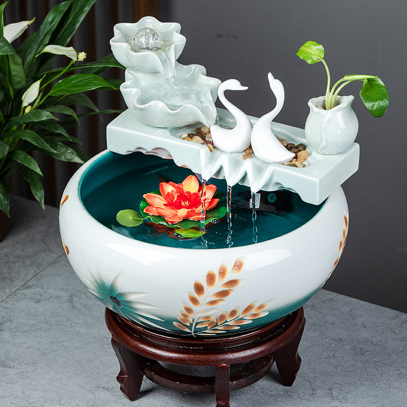 陶瓷流水风水轮摆件桌面水循环家用喷泉中式鱼缸乔迁礼品加湿造景