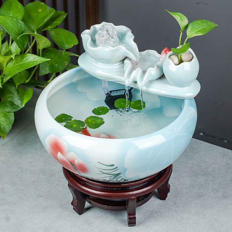 景德镇陶瓷流水鱼缸家用喷泉养鱼盆大号碗莲盆乌龟缸客厅造景摆件