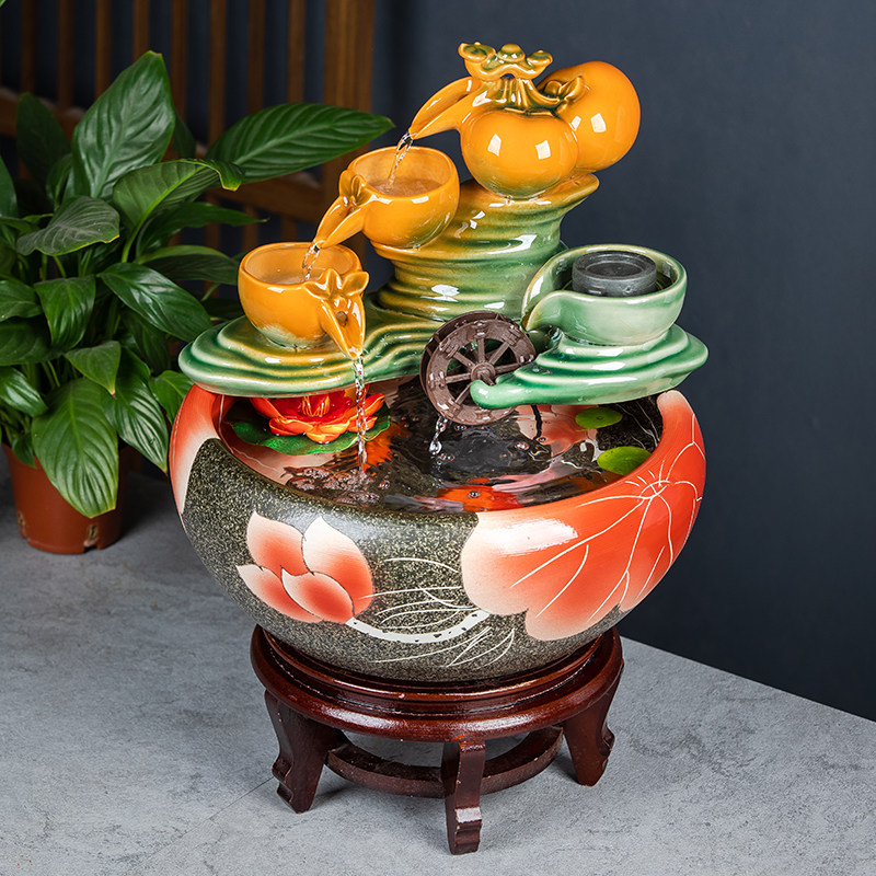 景德镇陶瓷流水摆件循环桌面喷泉家用加湿器乔迁礼品风水轮中式缸