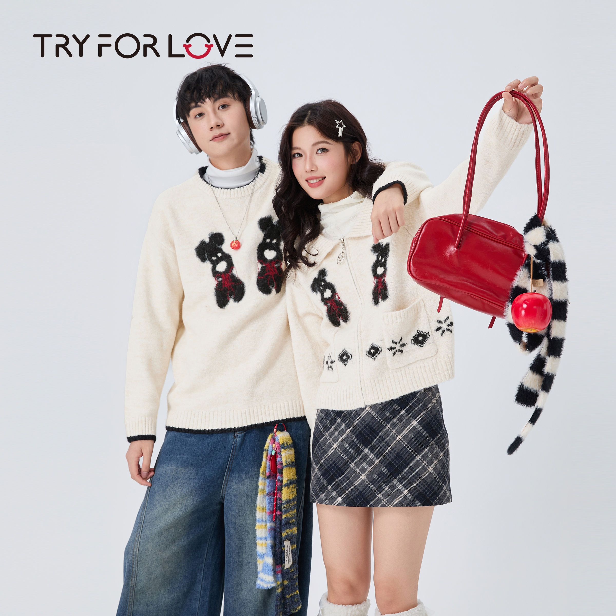 TRYFORLOVE情侣装小狗刺绣开衫毛衣女2025冬季新款宽松保暖针织衫