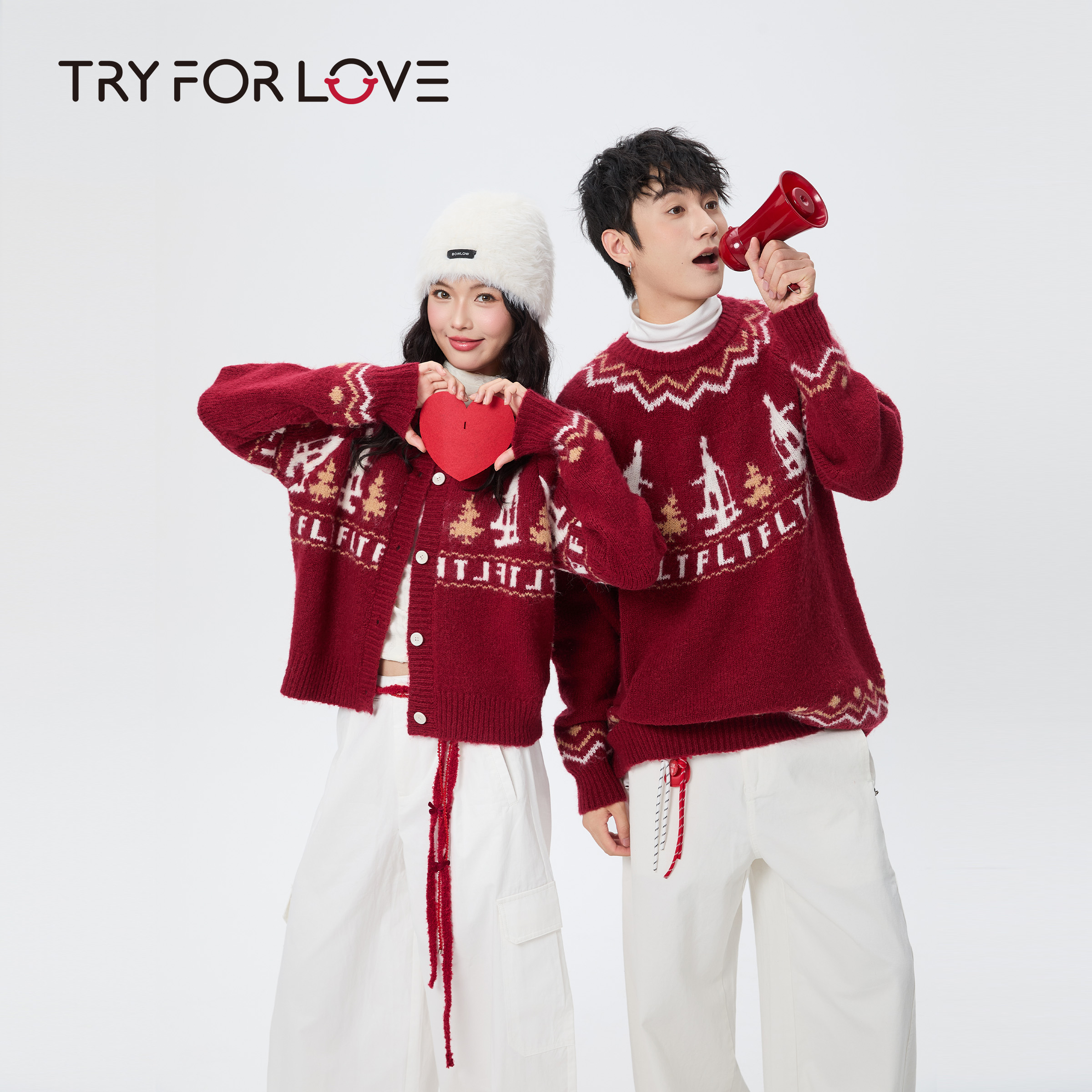 TRYFORLOVE费尔岛新年红色情侣装毛衣冬季高级感针织衫慵懒风上衣