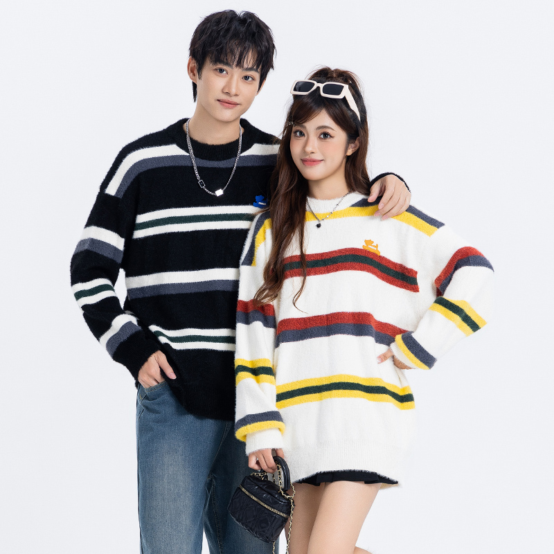 TRYFORLOVE彩色条纹情侣装毛衣外套2025秋冬新款外穿慵懒风针织衫