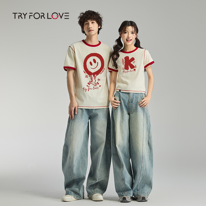 Tryforlove情侣装夏季拼色印花短袖t恤男女2025新款百搭一长一短
