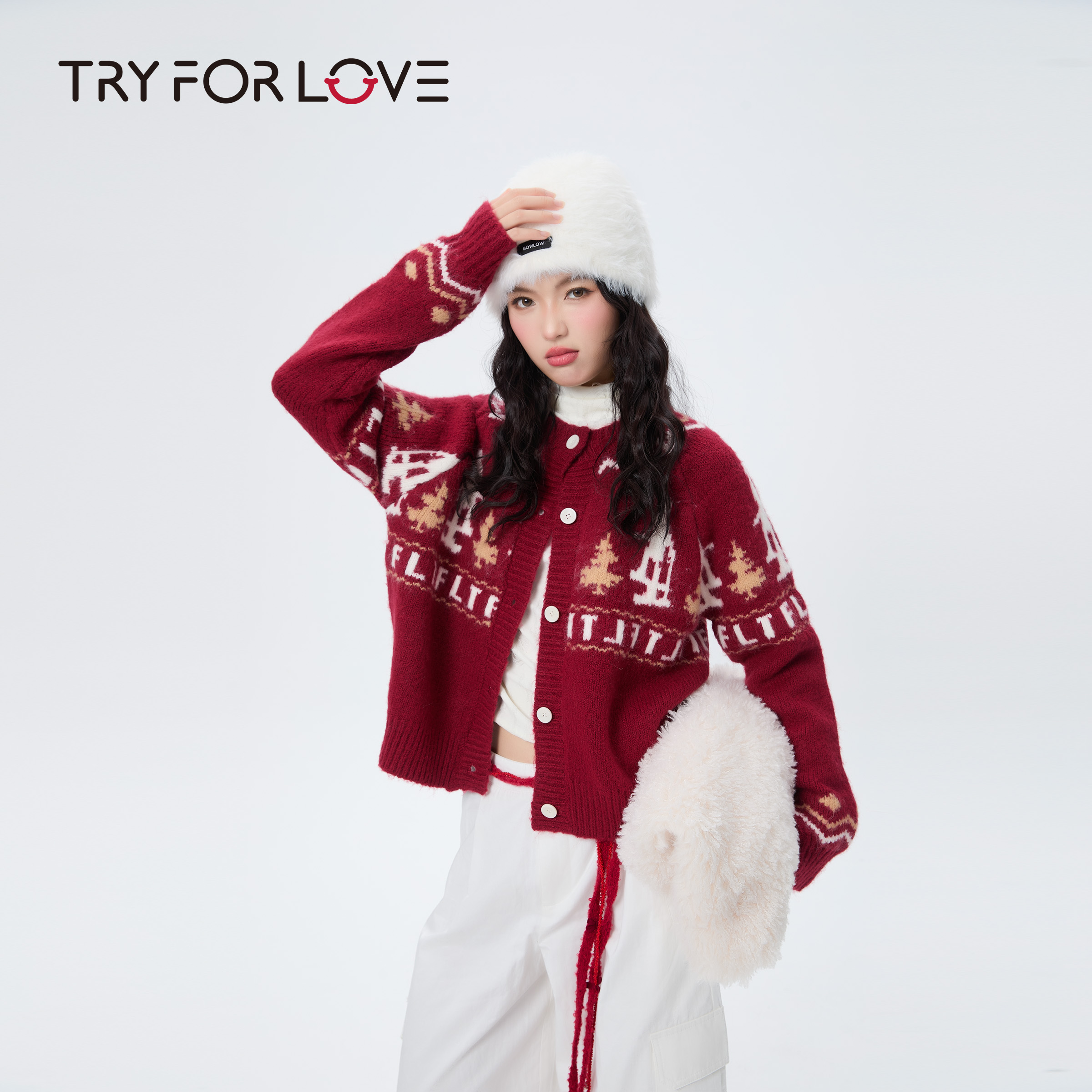 TRYFORLOVE圣诞风喜庆新年开衫毛衣冬季费尔岛针织衫慵懒风上衣女