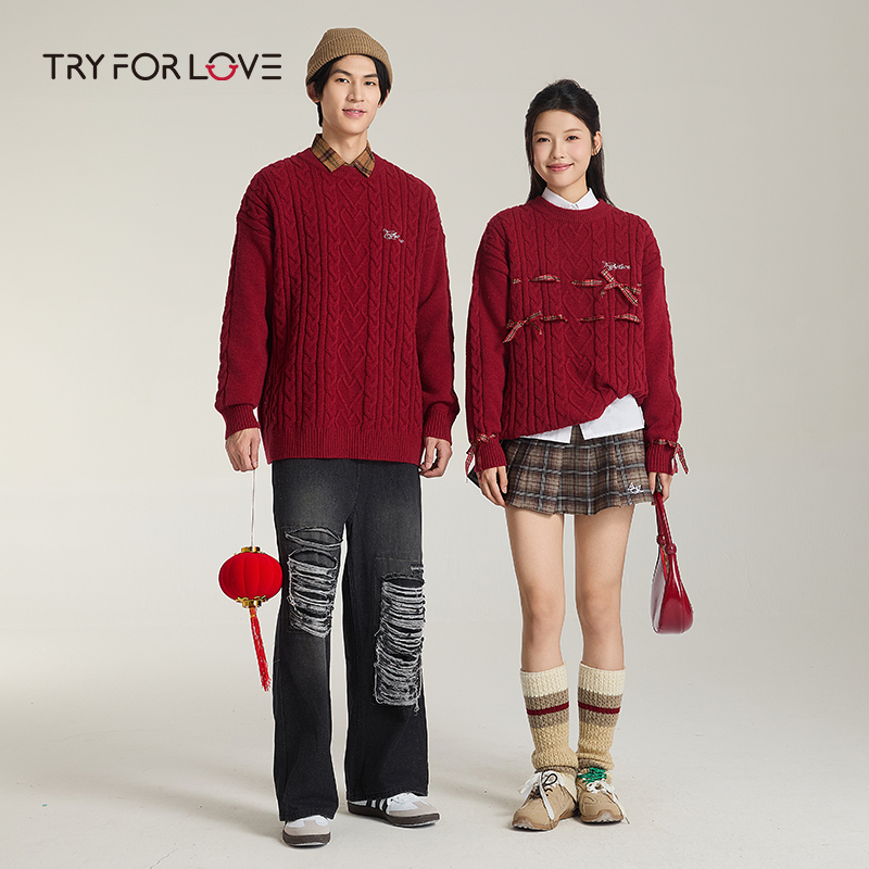 酒红色情侣毛衣TRYFORLOVE圆领