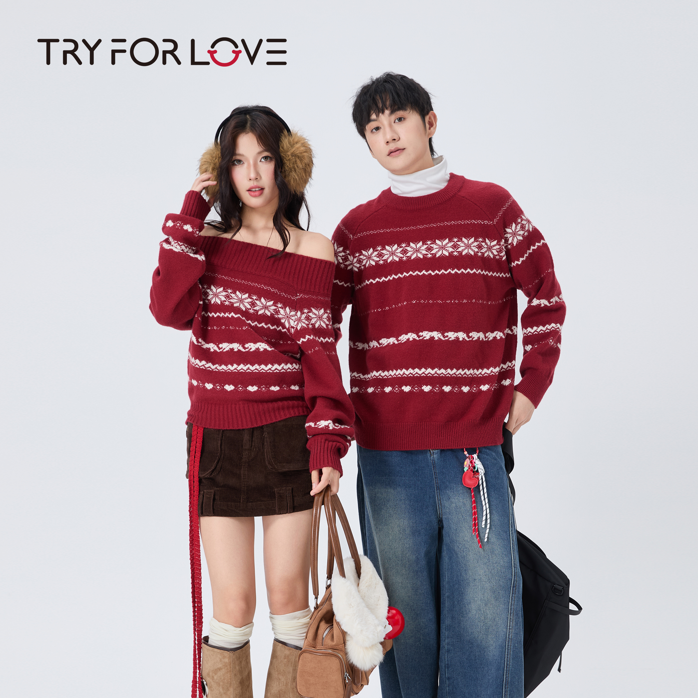 TRYFORLOVE红色露肩情侣装毛衣2025新款秋冬季喜庆新年针织衫上衣