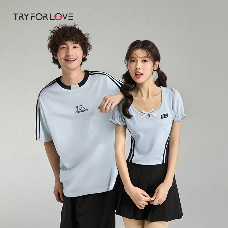 TRYFORLOVE情侣装简约设计绣花短袖T恤男女2025夏季新款一长一短