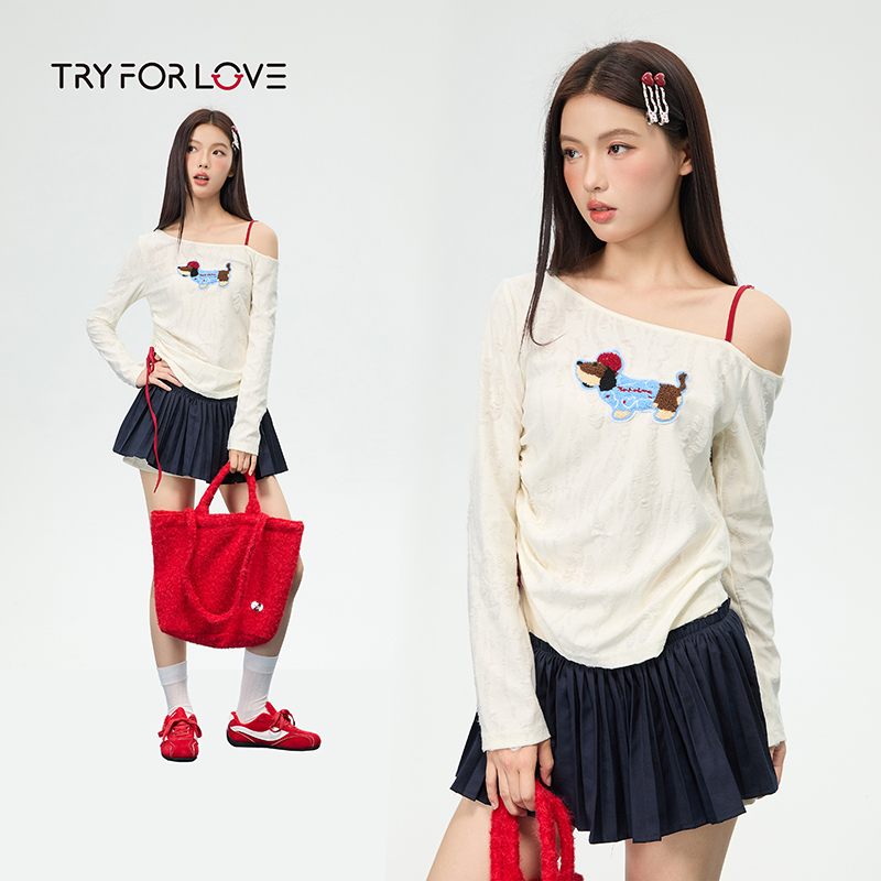 TRYFORLOVE美式腊肠狗斜肩薄款长袖卫衣2025新款春秋款露肩上衣女