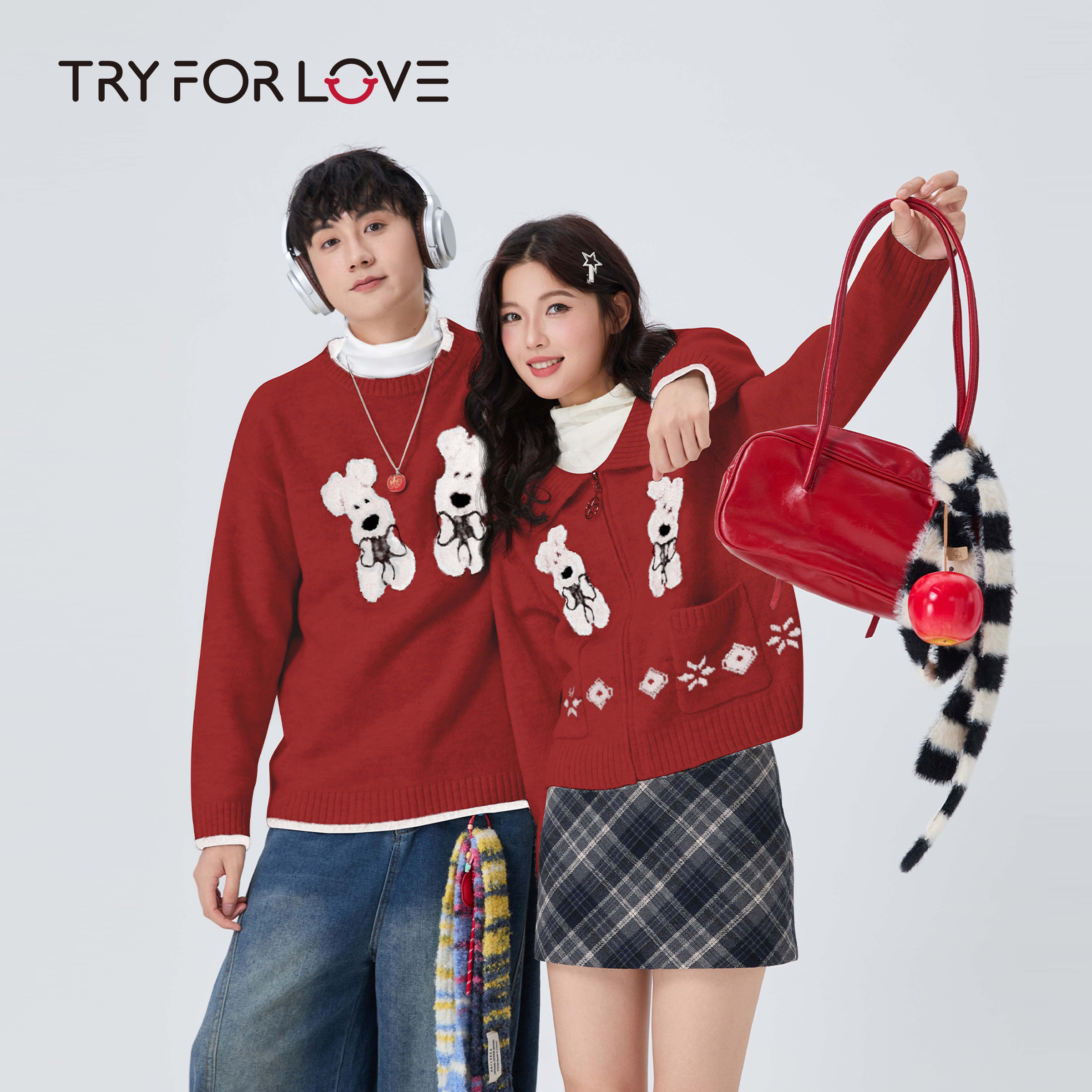 TRYFORLOVE新年喜庆红色情侣装毛衣外套2025新款冬季本命年衣服女