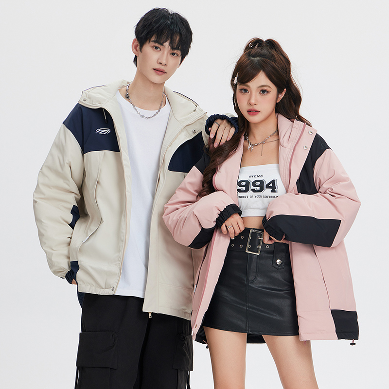 情侣装拼色带帽手塞棉工装风棉服外套女2023秋冬新款羽绒棉衣棉袄