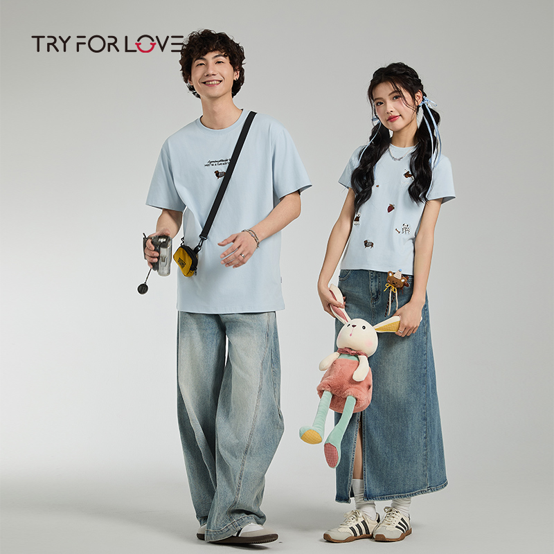 TRYFORLOVE圆领动物刺绣情侣装短袖t恤2025新款夏季一长一短半袖