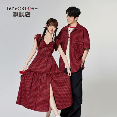 tryforlove格子短袖衬衫连衣裙女2025夏季新款小众情侣装一裙一衣
