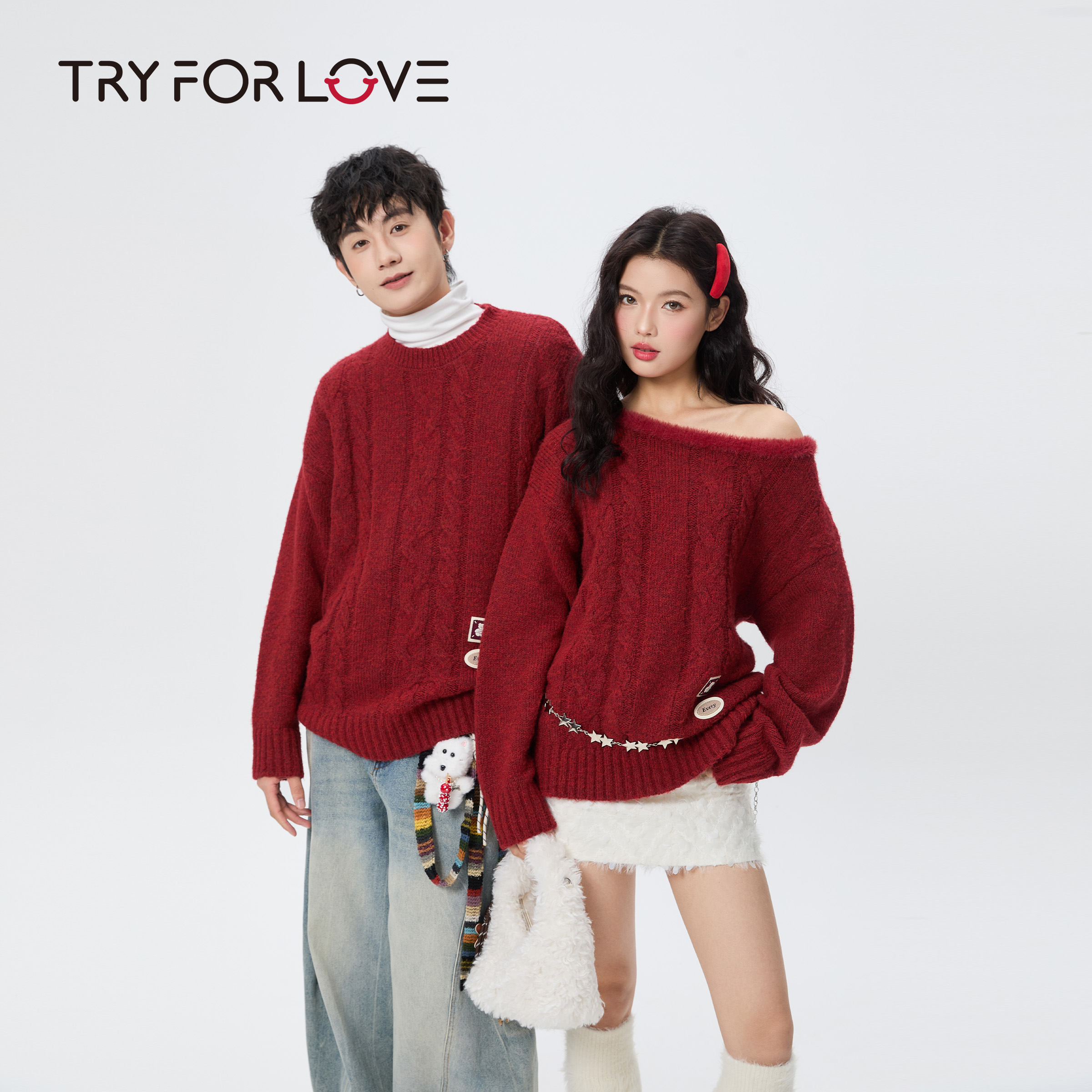 TRYFORLOVE红色斜肩喜庆情侣装毛衣冬季高级感款式保暖针织衫上衣