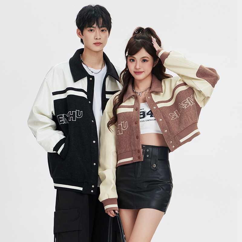 情侣装pu皮花呢拼接棉服小香风外套女2023秋冬新款轻薄夹克短棉衣