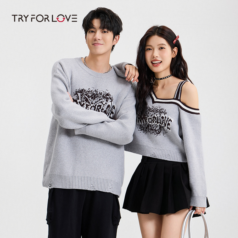 tryforlove情侣装露肩毛衣外套女2025秋冬新款一长一短针织衫秋装