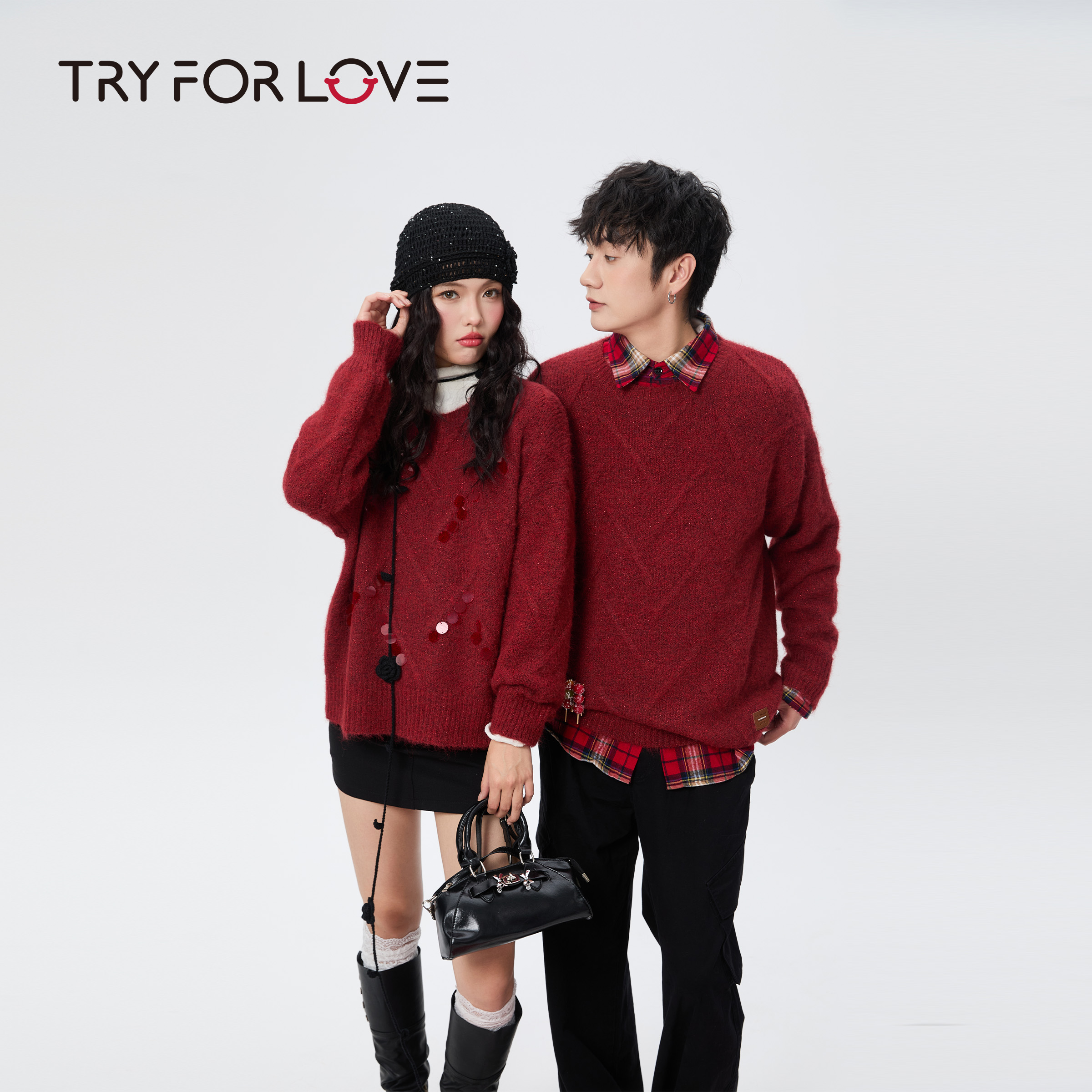 TRYFORLOVE新年本命年红色情侣装毛衣冬季喜庆氛围感针织衫上衣女