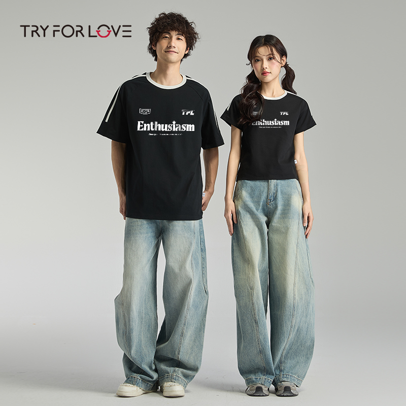 TRYFORLOVE不一样的情侣装短袖t恤女美式字母风2025新款夏季衣服