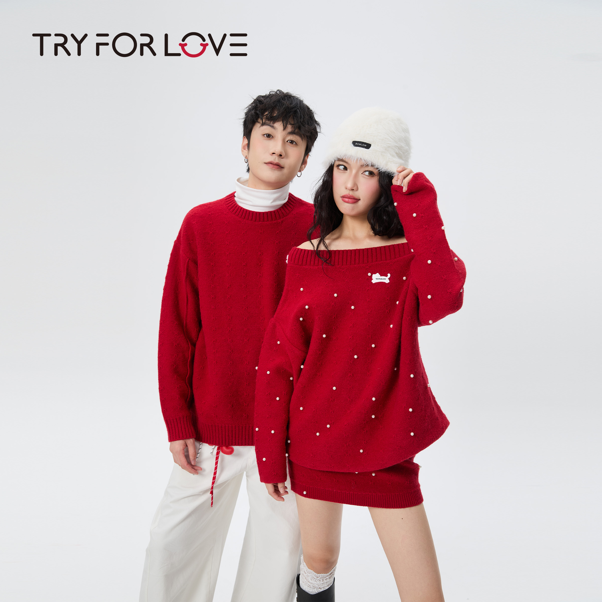 TRYFORLOVE新年喜庆红色情侣装毛衣珍珠点缀冬季保暖针织衫上衣女