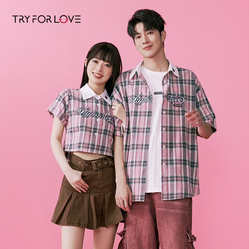短袖纯棉tryforlove格子衬衫排扣