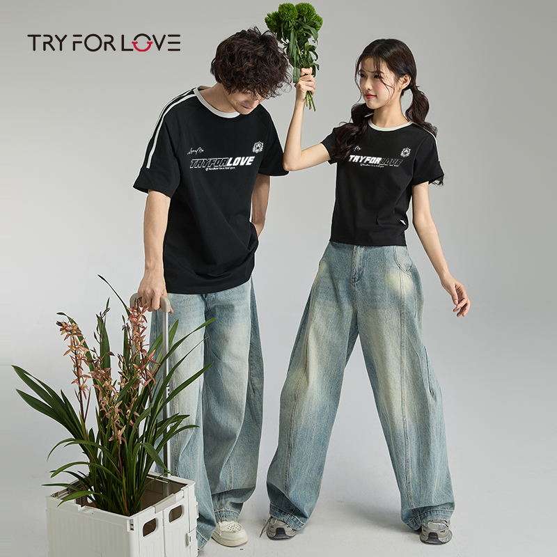 TRYFORLOVE美式字母潮牌情侣装短袖t恤2025新款夏季宽松圆领半袖